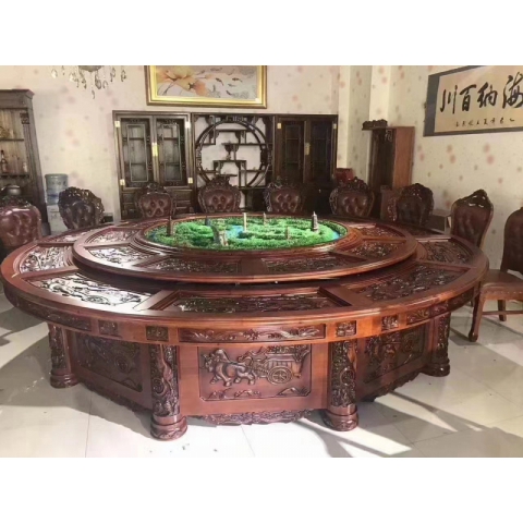 勝芳餐桌椅 酒店桌 圓桌 轉(zhuǎn)盤桌 實木旋轉(zhuǎn)大餐臺 火鍋桌 巖板圓桌 木質(zhì)家具 餐廳家具中式家具 金盾家具